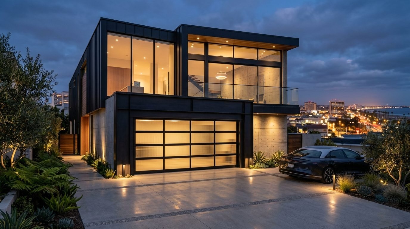 Yasmin Precision Garage Door Exterior Closed Garage Door at Twilight